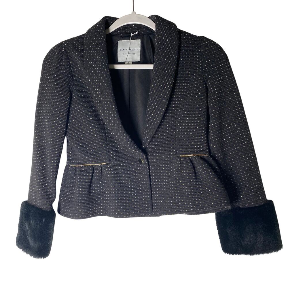 Janie Jack Girls Size 10 Black Blazer Jacket Gold Fleck Faux Fur Cuffs Holiday
